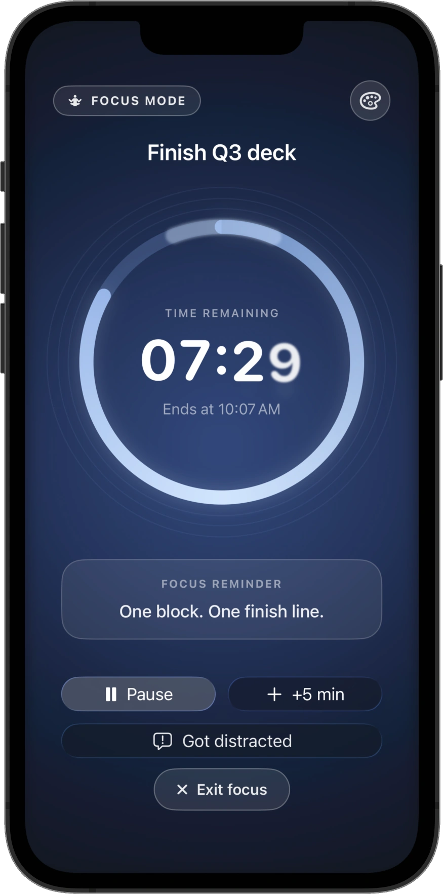 DayNorth Focus Mode — countdown and controls