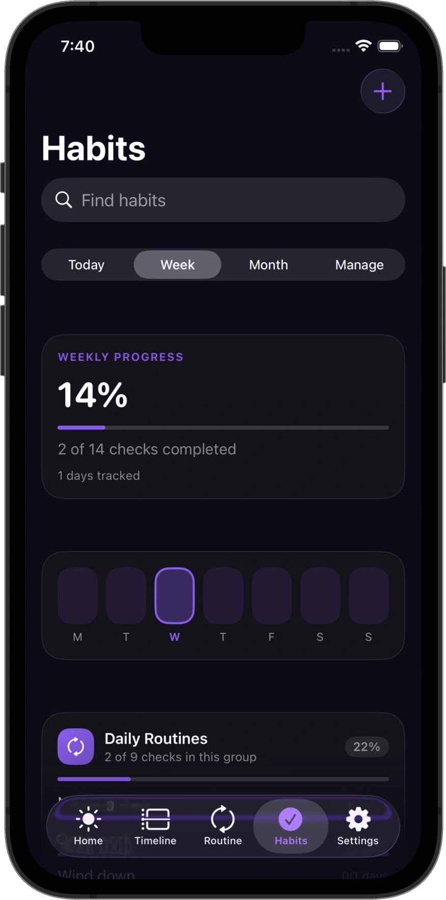 DayNorth Habits — Week in dark mode