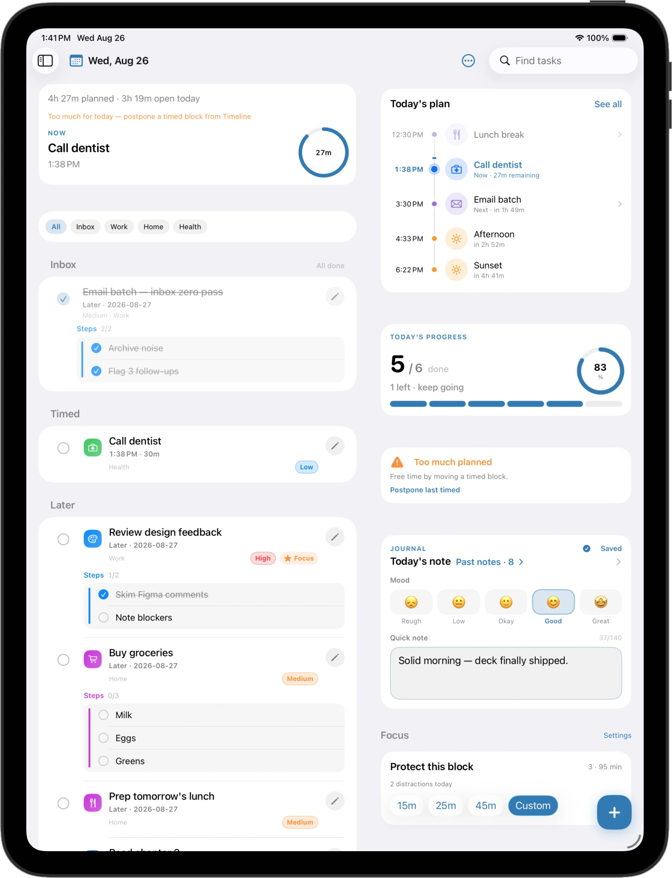 DayNorth on iPad — Home with timeline and journal