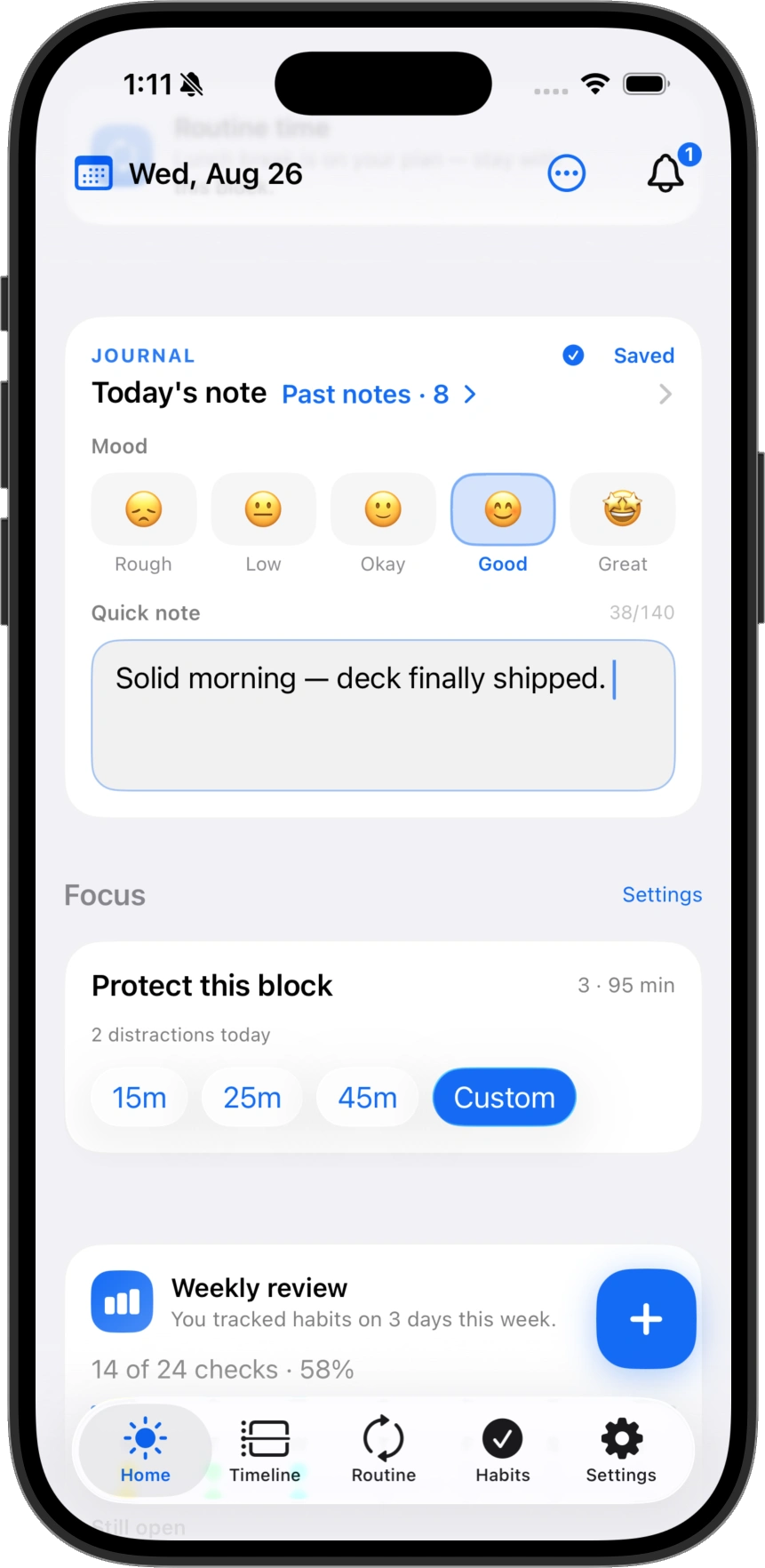 DayNorth journal — mood and quick note