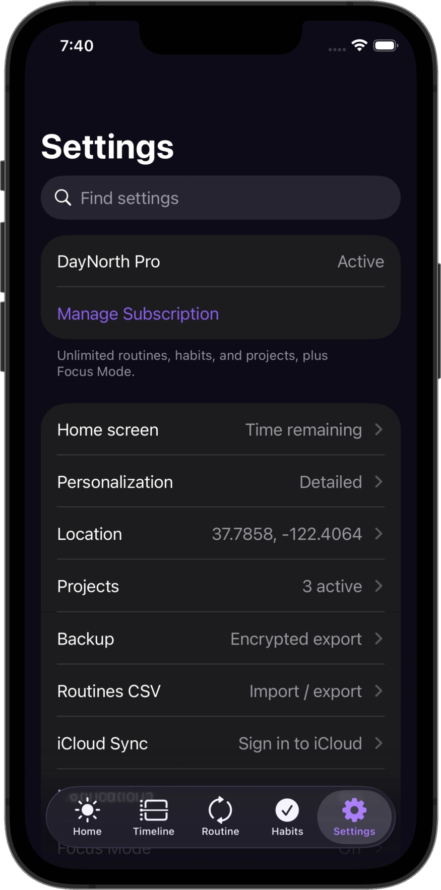 DayNorth Settings in dark mode