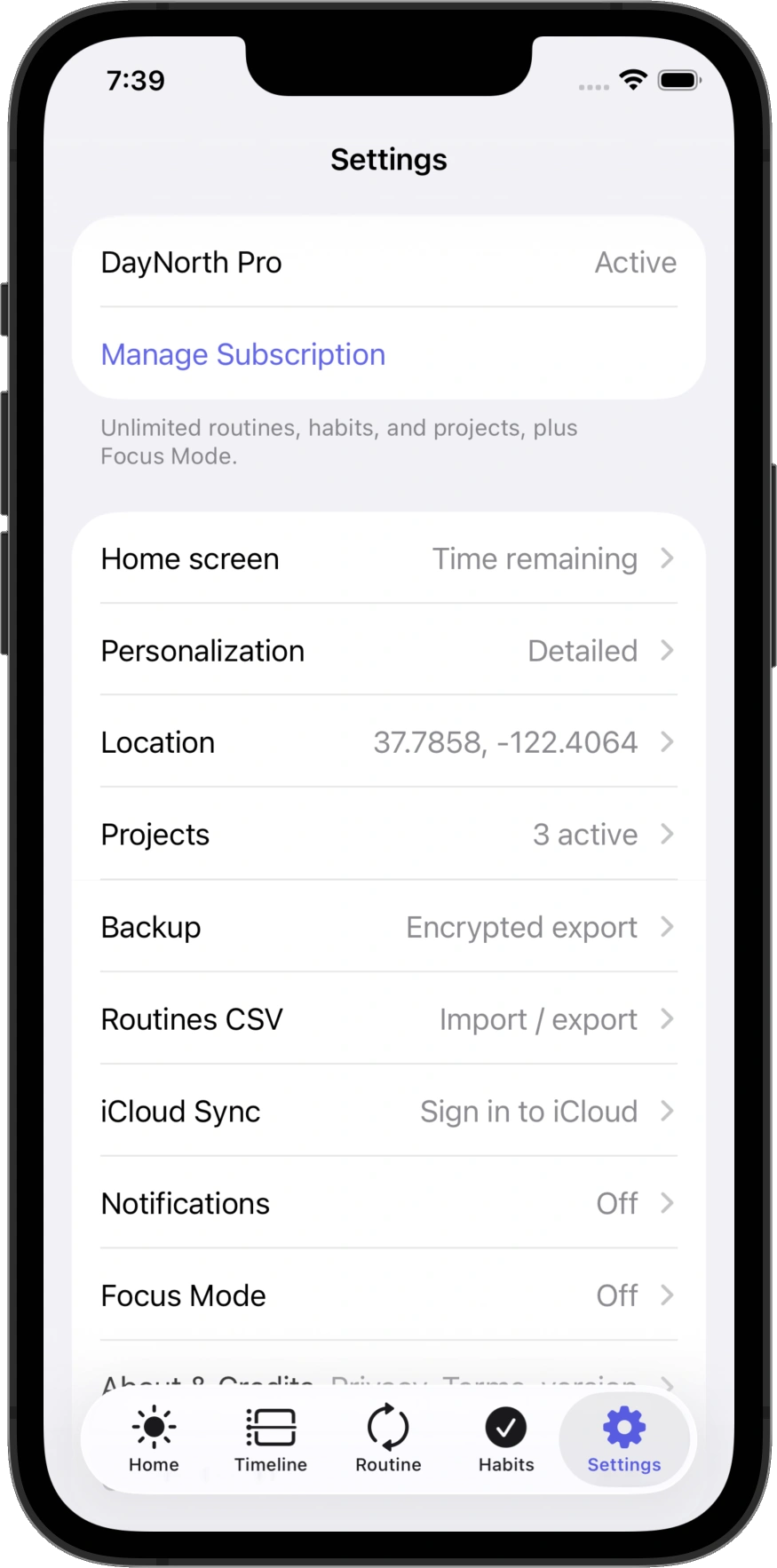 DayNorth Settings — appearance and controls