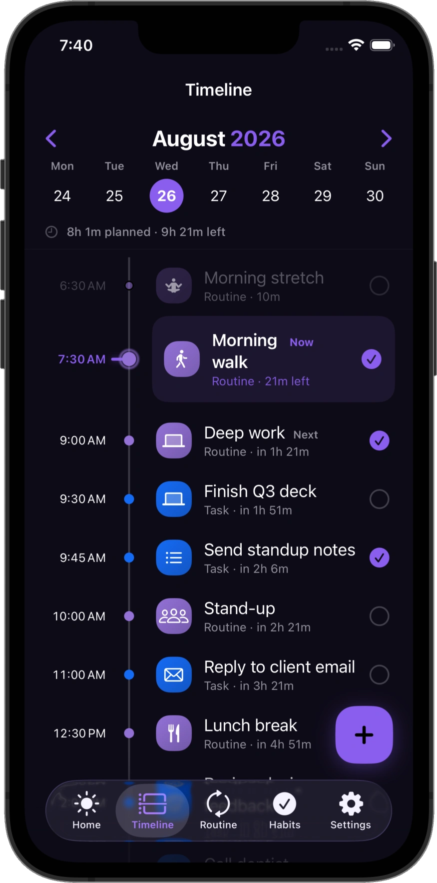 DayNorth Timeline in dark mode