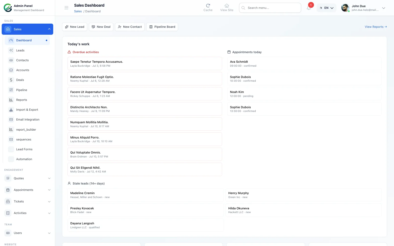 Sales dashboard with overdue activities and today's appointments
